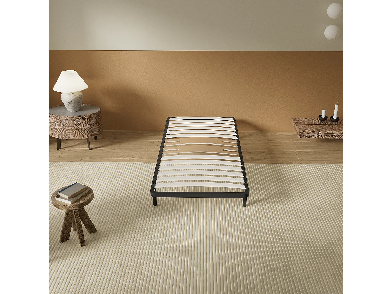 Cadre à lattes en bois 120x190 cm – cadre en acier et lattes en bois – 7 pieds hauteur 25cm – renfort lombaire