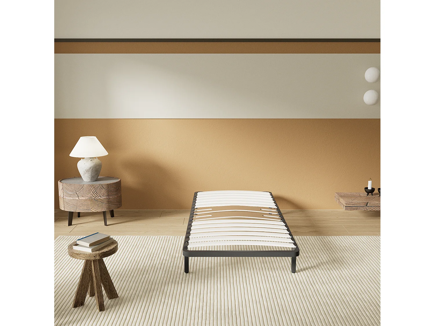 Cadre à lattes en bois 120x190 cm – cadre en acier et lattes en bois – 7 pieds hauteur 25cm – renfort lombaire