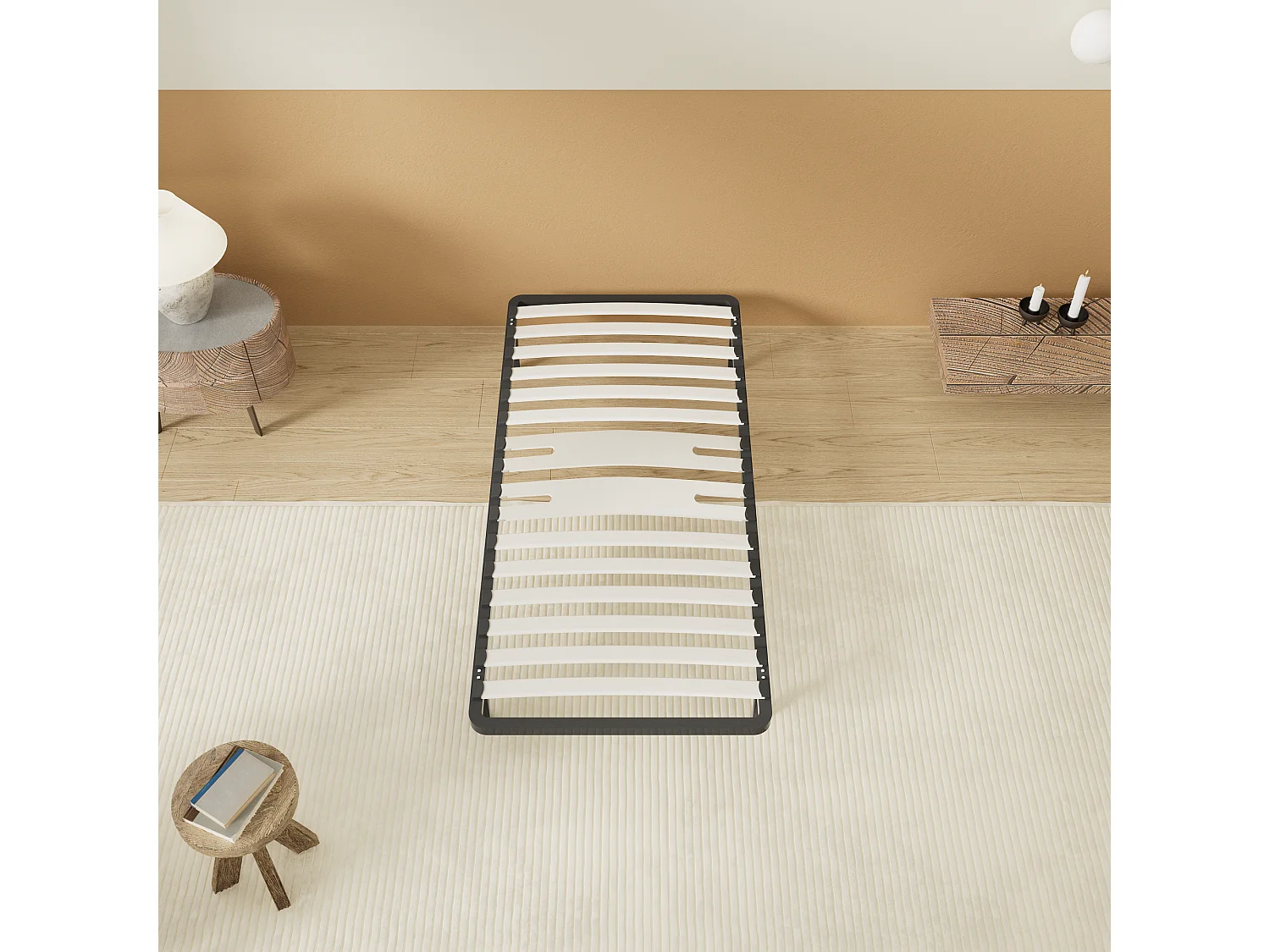 Cadre à lattes en bois 120x190 cm – cadre en acier et lattes en bois – 7 pieds hauteur 25cm – renfort lombaire