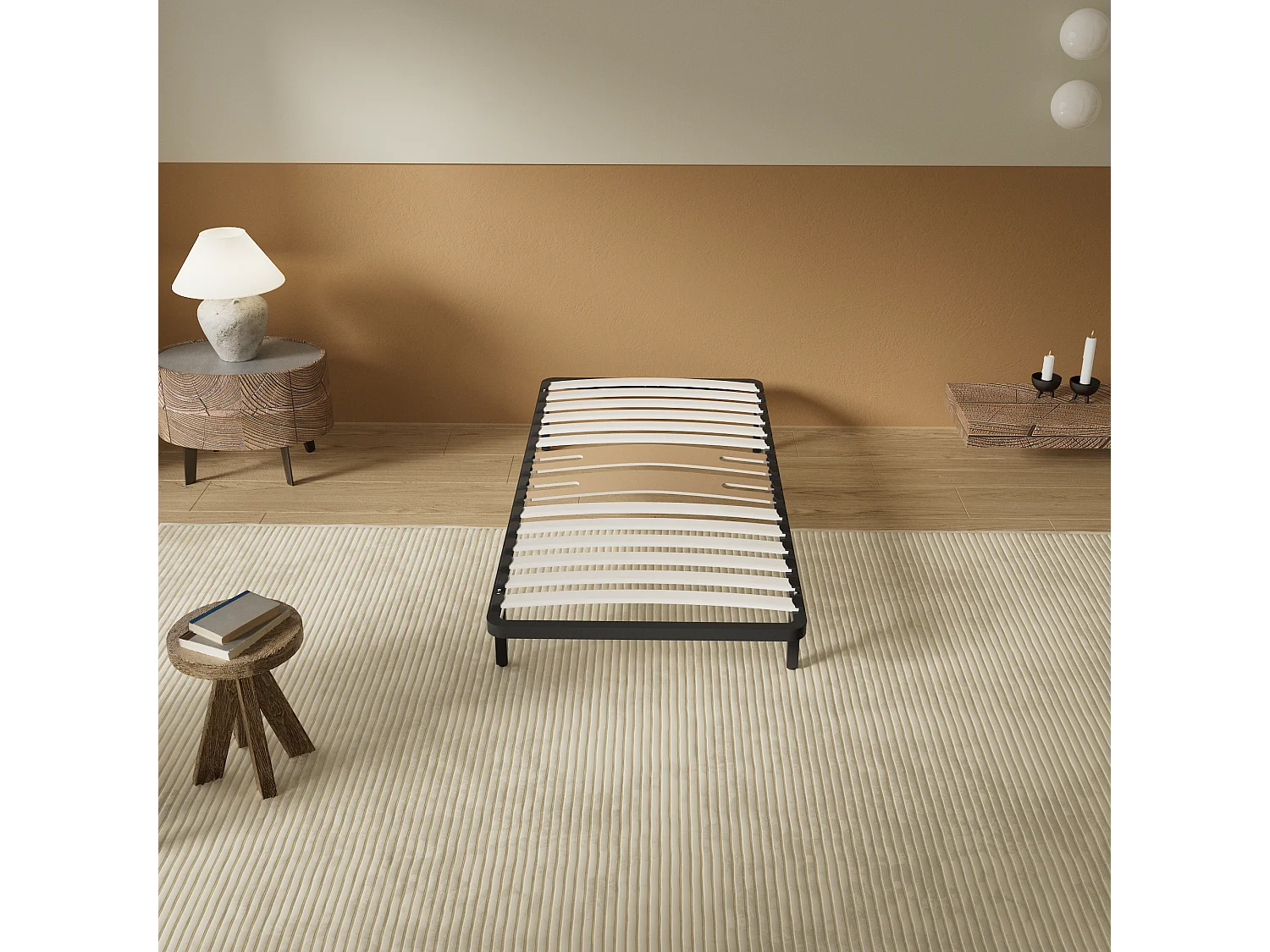 Cadre à lattes en bois 120x190 cm – cadre en acier et lattes en bois – 7 pieds hauteur 25cm – renfort lombaire