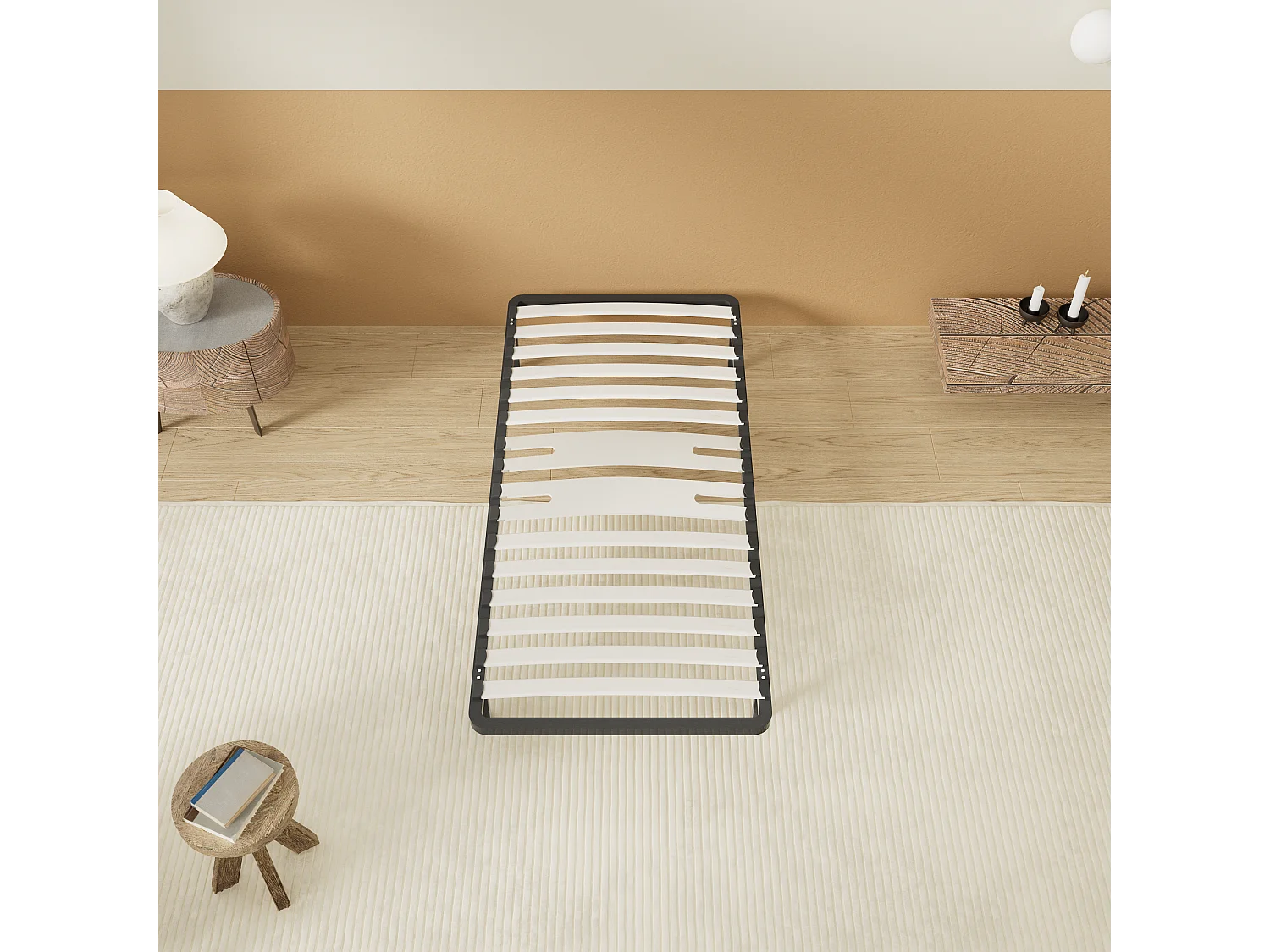 Cadre à lattes en bois 120x190 cm – cadre en acier et lattes en bois – 7 pieds hauteur 25cm – renfort lombaire