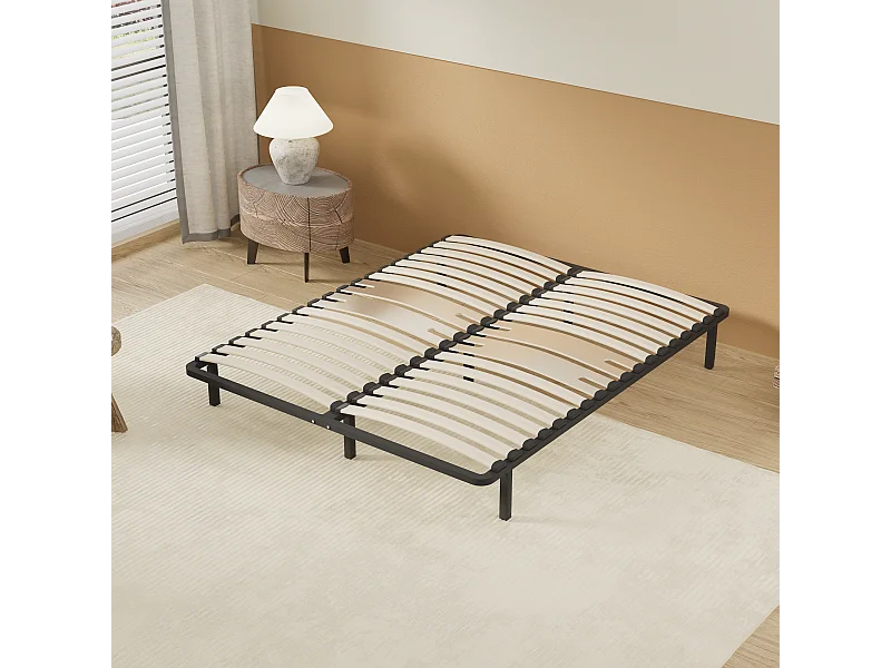 Cadre à lattes en bois 120x190 cm – cadre en acier et lattes en bois – 7 pieds hauteur 25cm – renfort lombaire