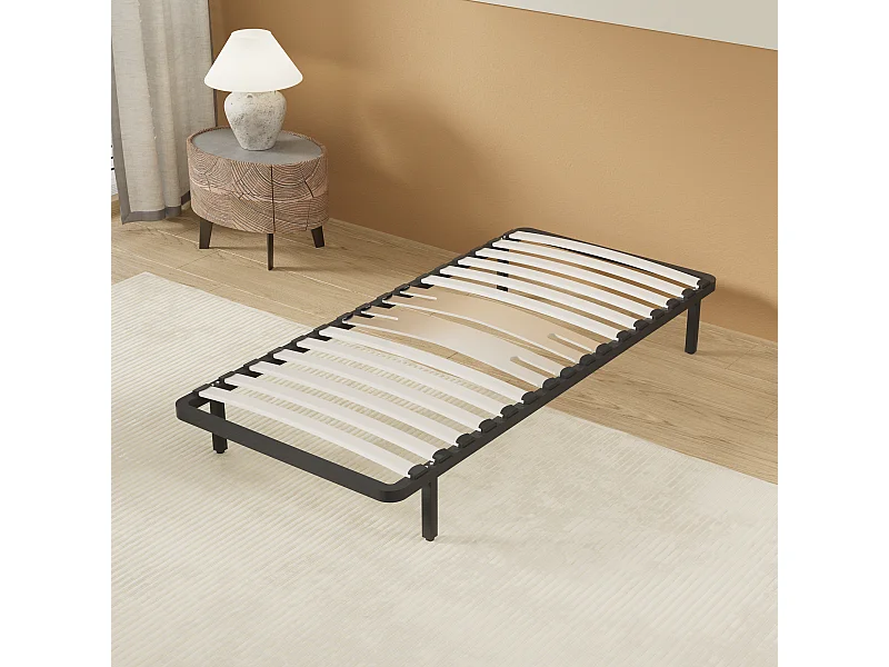 Cadre à lattes en bois 90x190 cm – cadre en acier et lattes en bois – 7 pieds hauteur 25cm – renfort lombaire