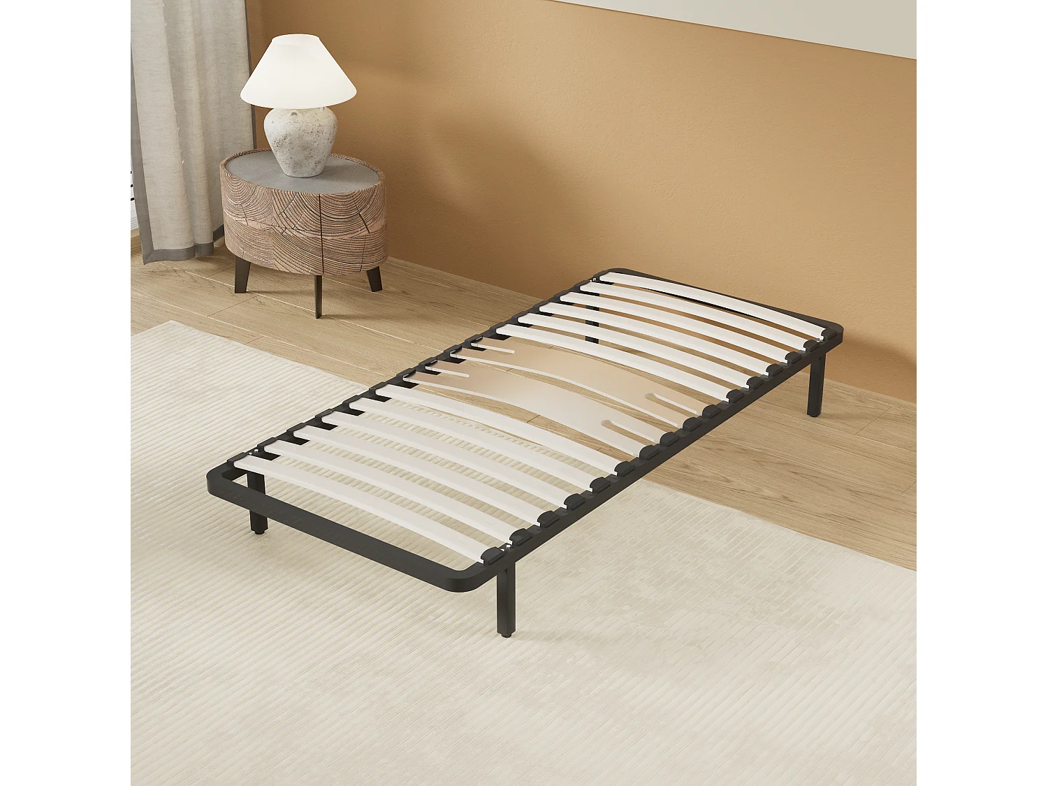 Cadre à lattes en bois 90x190 cm – cadre en acier et lattes en bois – 7 pieds hauteur 25cm – renfort lombaire