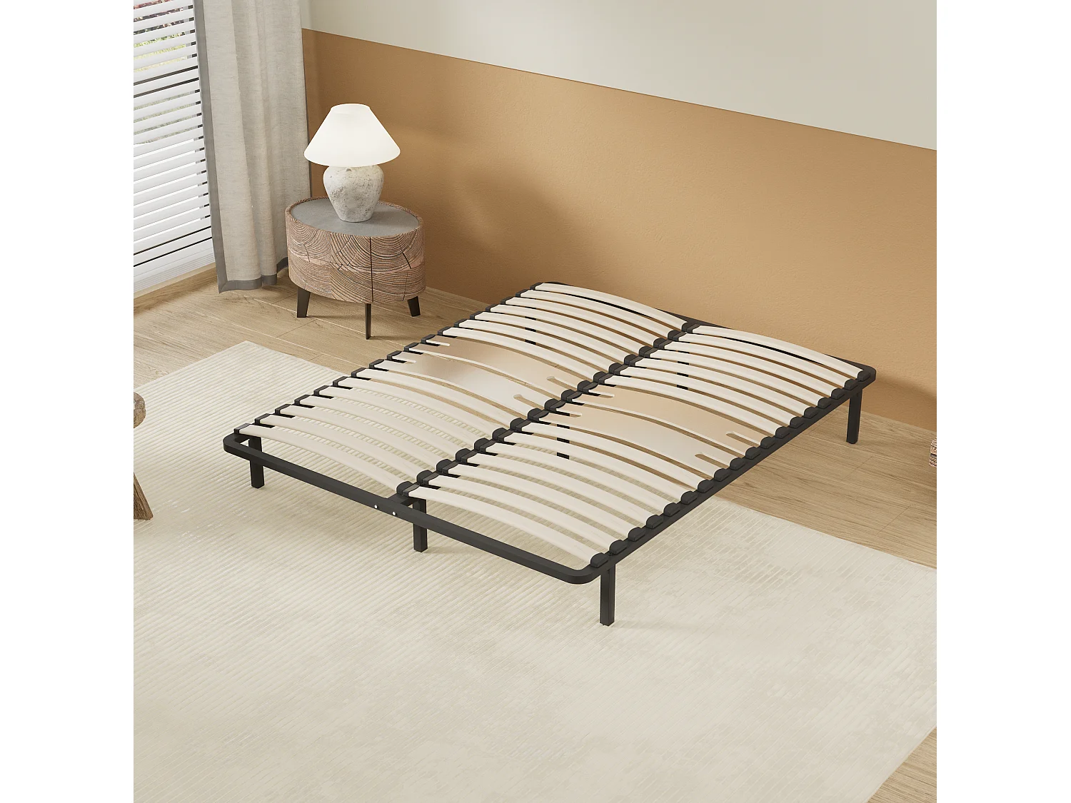 Cadre à lattes en bois 90x190 cm – cadre en acier et lattes en bois – 7 pieds hauteur 25cm – renfort lombaire