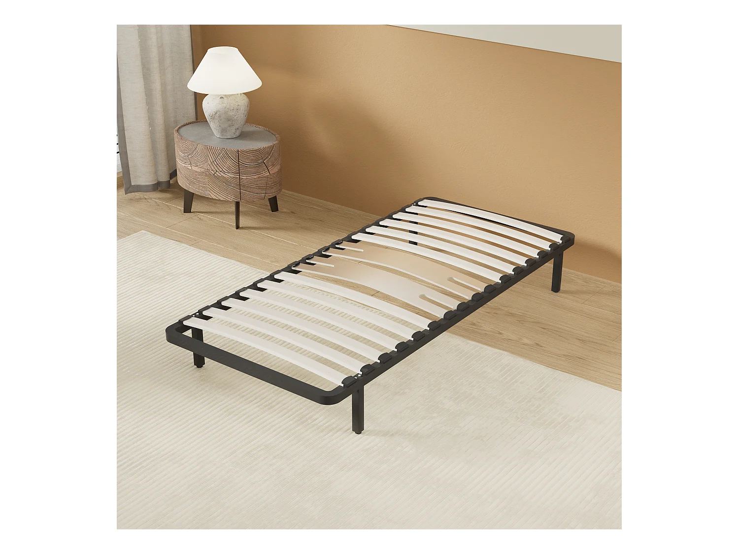 Cadre à lattes en bois 90x190 cm – cadre en acier et lattes en bois – 7 pieds hauteur 25cm – renfort lombaire