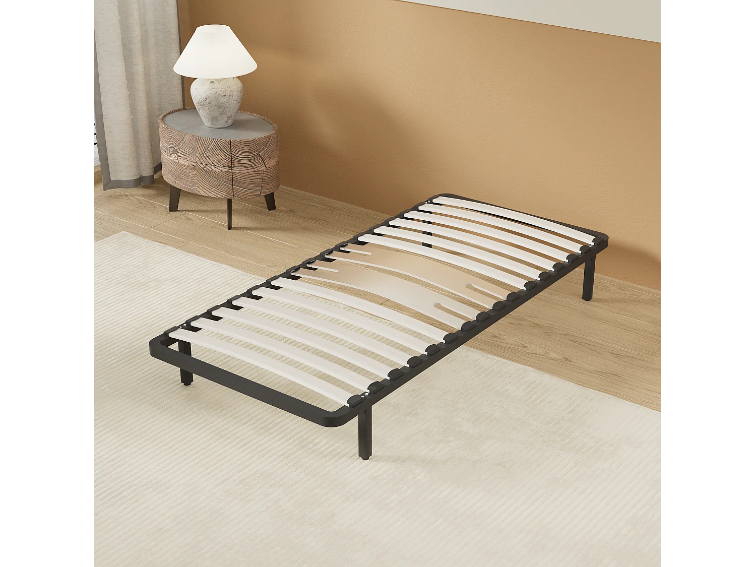 Cadre à lattes en bois 90x190 cm – cadre en acier et lattes en bois – 7 pieds hauteur 25cm – renfort lombaire