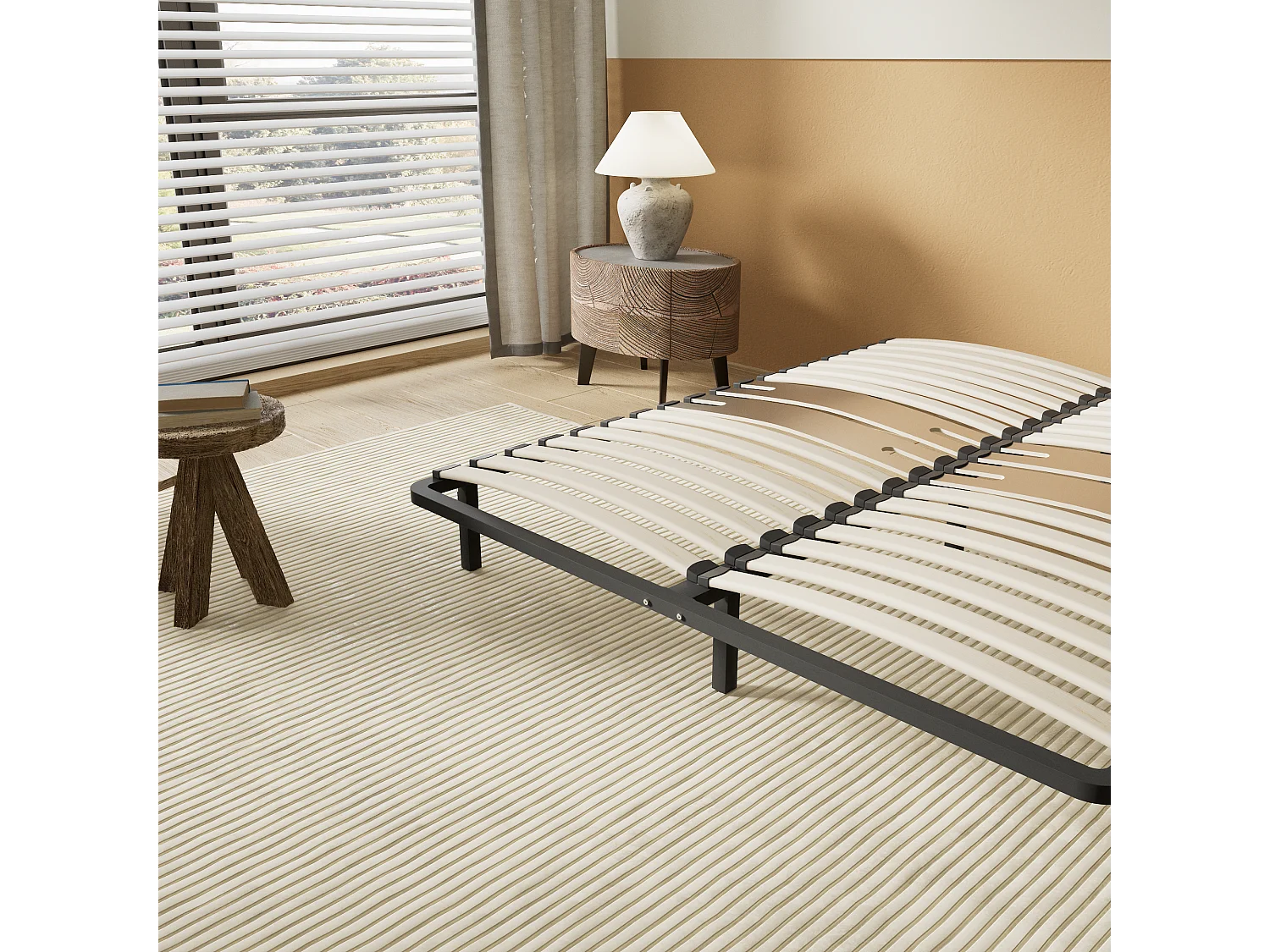 Cadre à lattes en bois 90x190 cm – cadre en acier et lattes en bois – 7 pieds hauteur 25cm – renfort lombaire