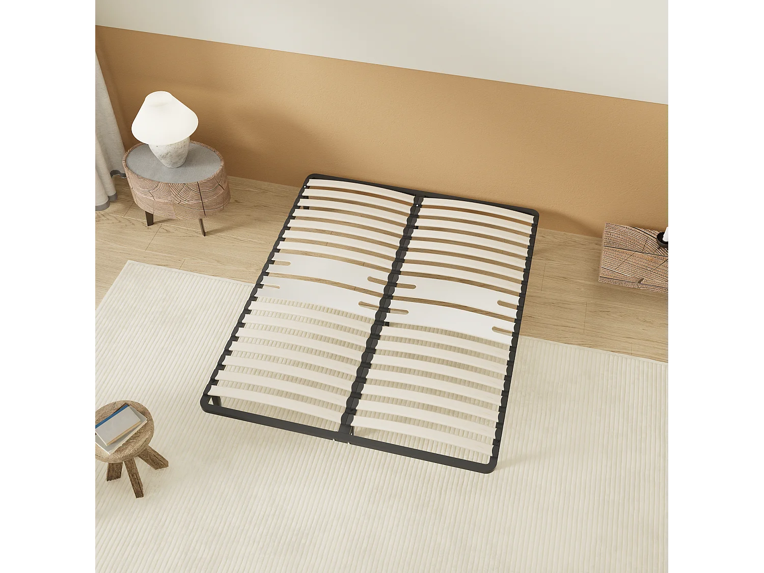 Cadre à lattes en bois 90x190 cm – cadre en acier et lattes en bois – 7 pieds hauteur 25cm – renfort lombaire