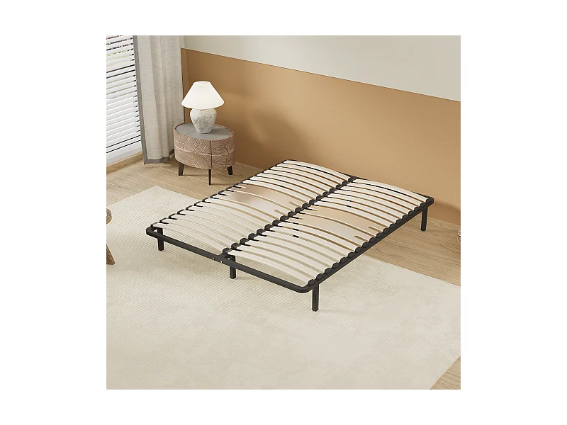Cadre à lattes en bois 140x190 cm – cadre en acier et lattes en bois – 7 pieds hauteur 25cm – renfort lombaire