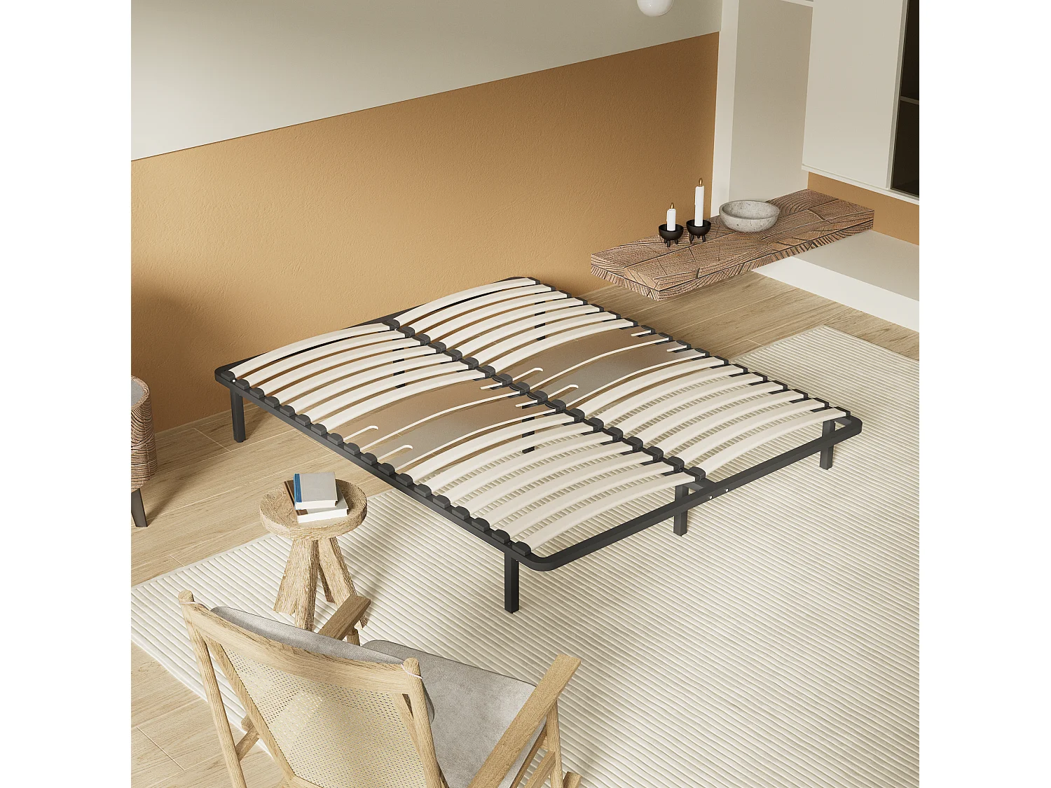 Cadre à lattes en bois 140x190 cm – cadre en acier et lattes en bois – 7 pieds hauteur 25cm – renfort lombaire