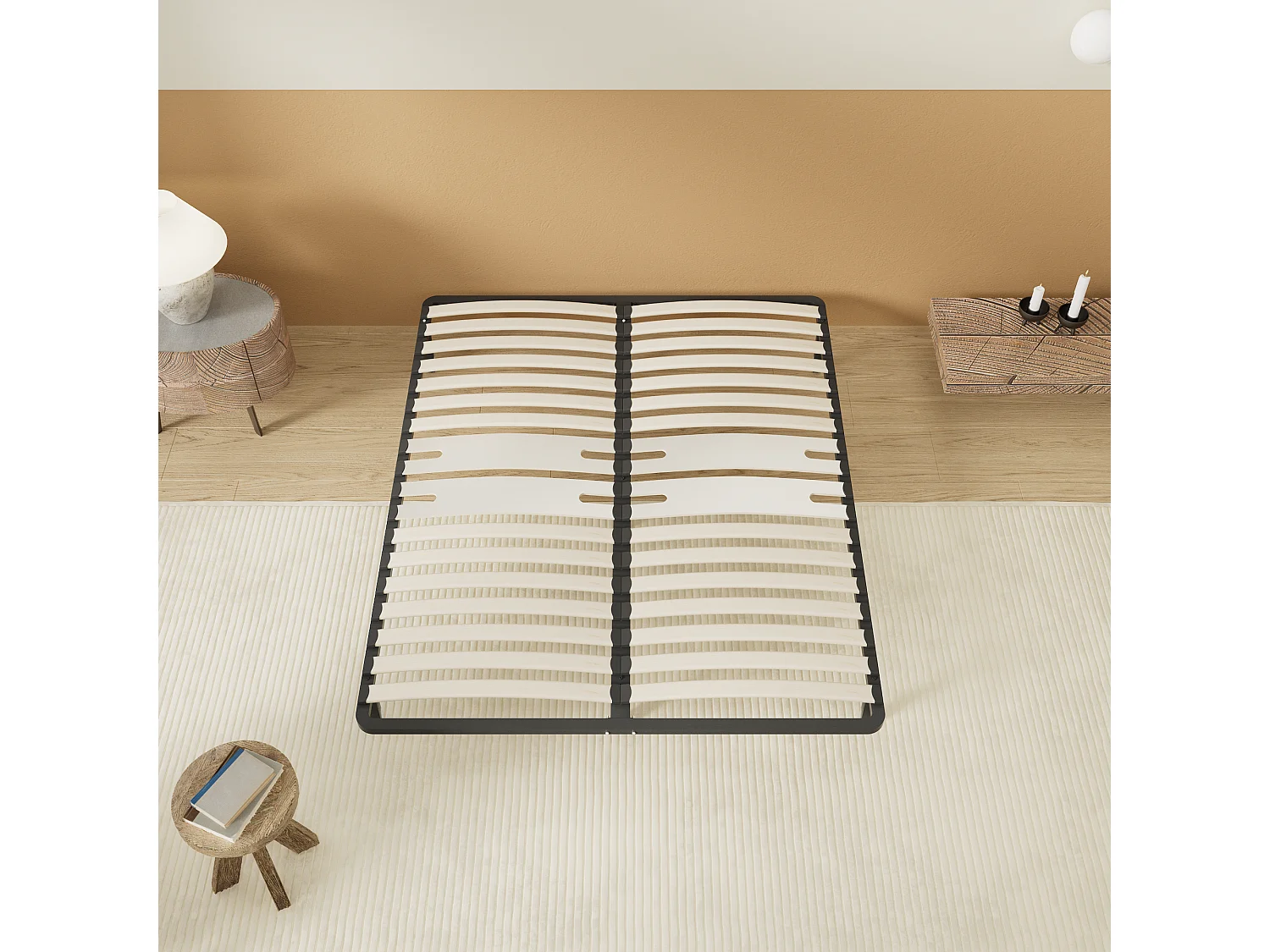 Cadre à lattes en bois 140x190 cm – cadre en acier et lattes en bois – 7 pieds hauteur 25cm – renfort lombaire