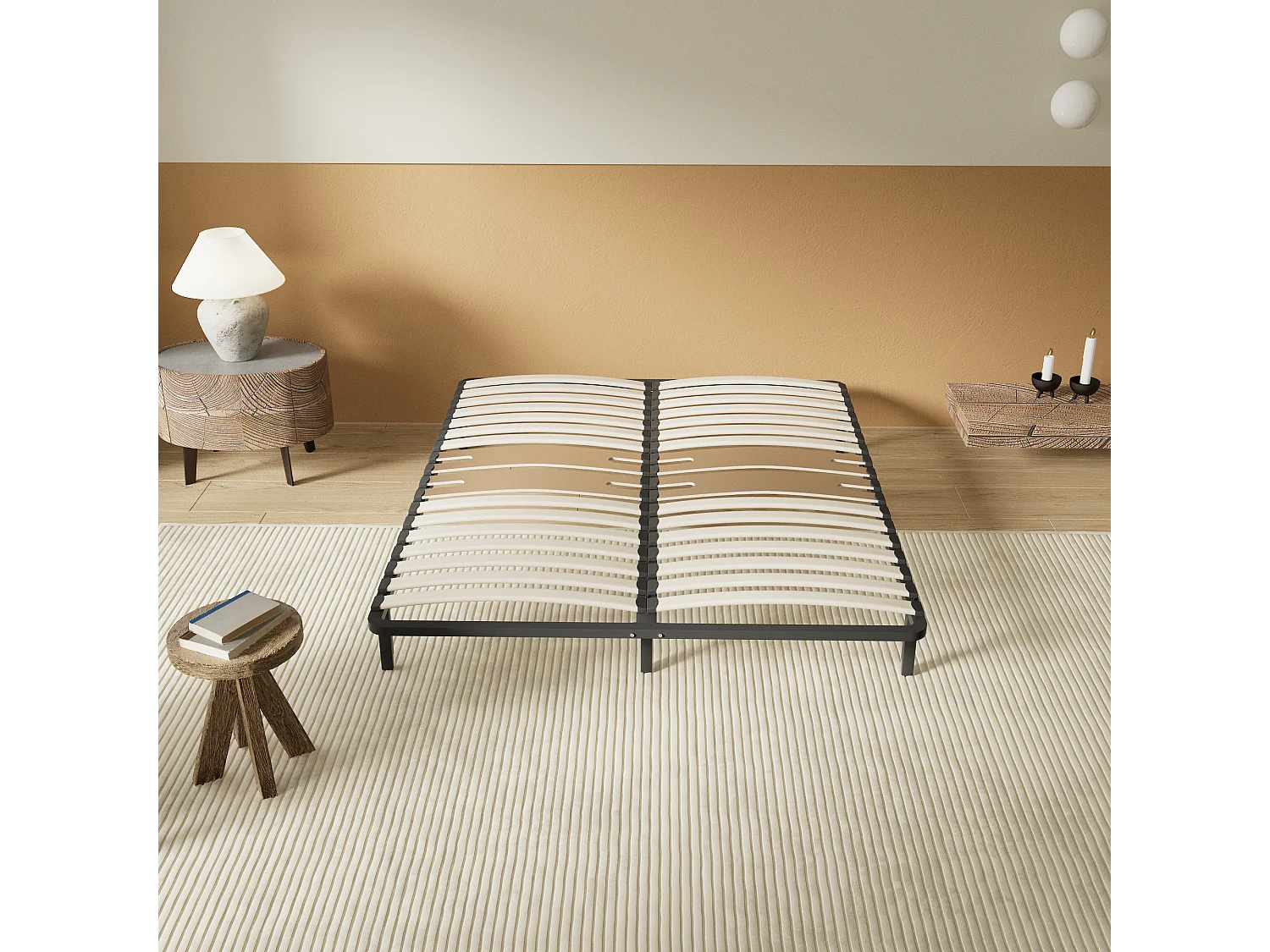 Cadre à lattes en bois 140x190 cm – cadre en acier et lattes en bois – 7 pieds hauteur 25cm – renfort lombaire