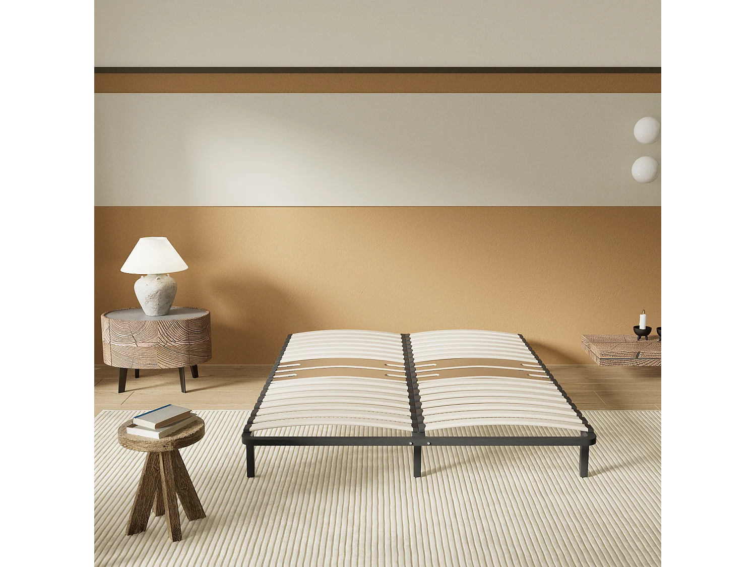 Cadre à lattes en bois 140x190 cm – cadre en acier et lattes en bois – 7 pieds hauteur 25cm – renfort lombaire