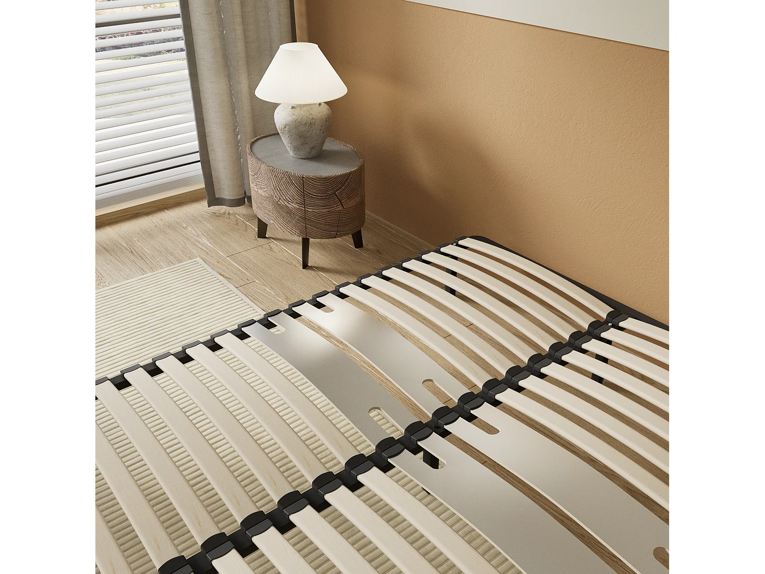 Cadre à lattes en bois 140x190 cm – cadre en acier et lattes en bois – 7 pieds hauteur 25cm – renfort lombaire