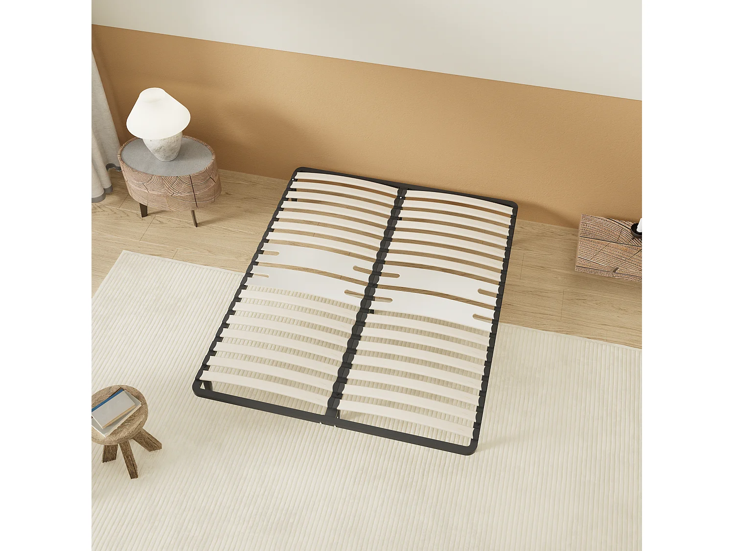 Cadre à lattes en bois 140x190 cm – cadre en acier et lattes en bois – 7 pieds hauteur 25cm – renfort lombaire
