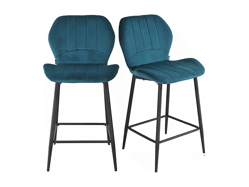 Lot 2 tabourets de bar velours bleu canard pieds métal noir - EMILIO 2
