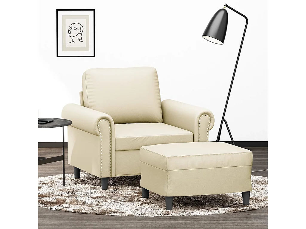 Sillón con taburete cuero sintético color crema 60 cm