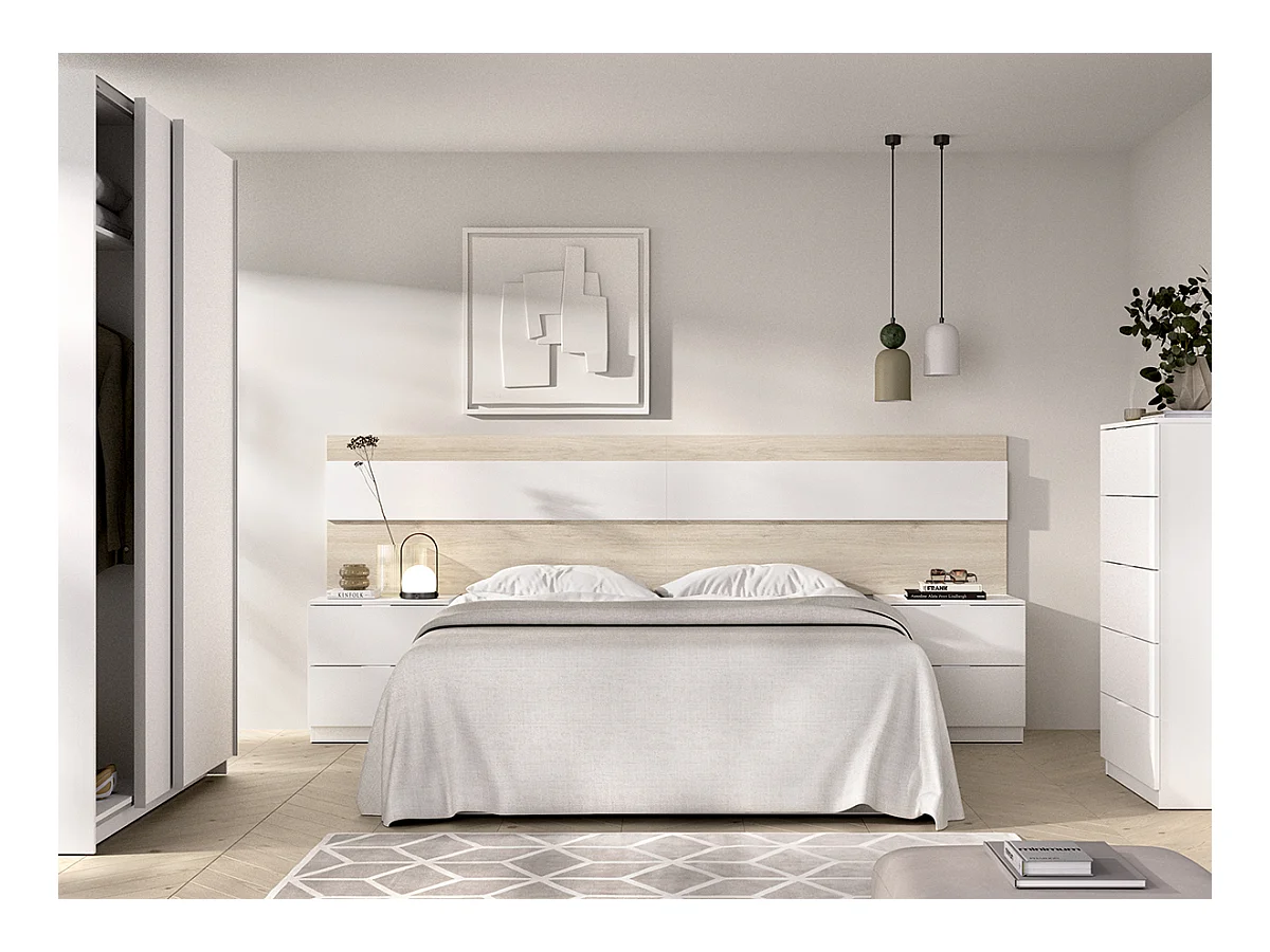 Tête de lit + 2 tables de chevet avec 2 tiroirs + commode haute avec 5 tiroirs + armoire coloris chêne naturel , blanc