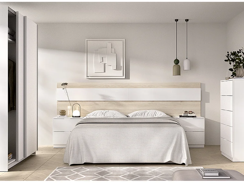 Tête de lit + 2 tables de chevet avec 2 tiroirs + commode haute avec 5 tiroirs + armoire coloris chêne naturel , blanc