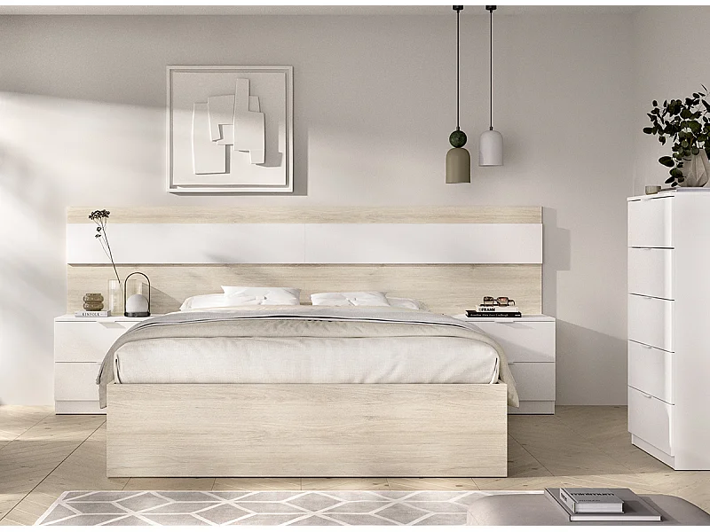 Tête de lit avec 2 tables de chevet , Structure de lit 140x190 cm et commode avec 5  tiroirs coloris chêne naturel, blanc