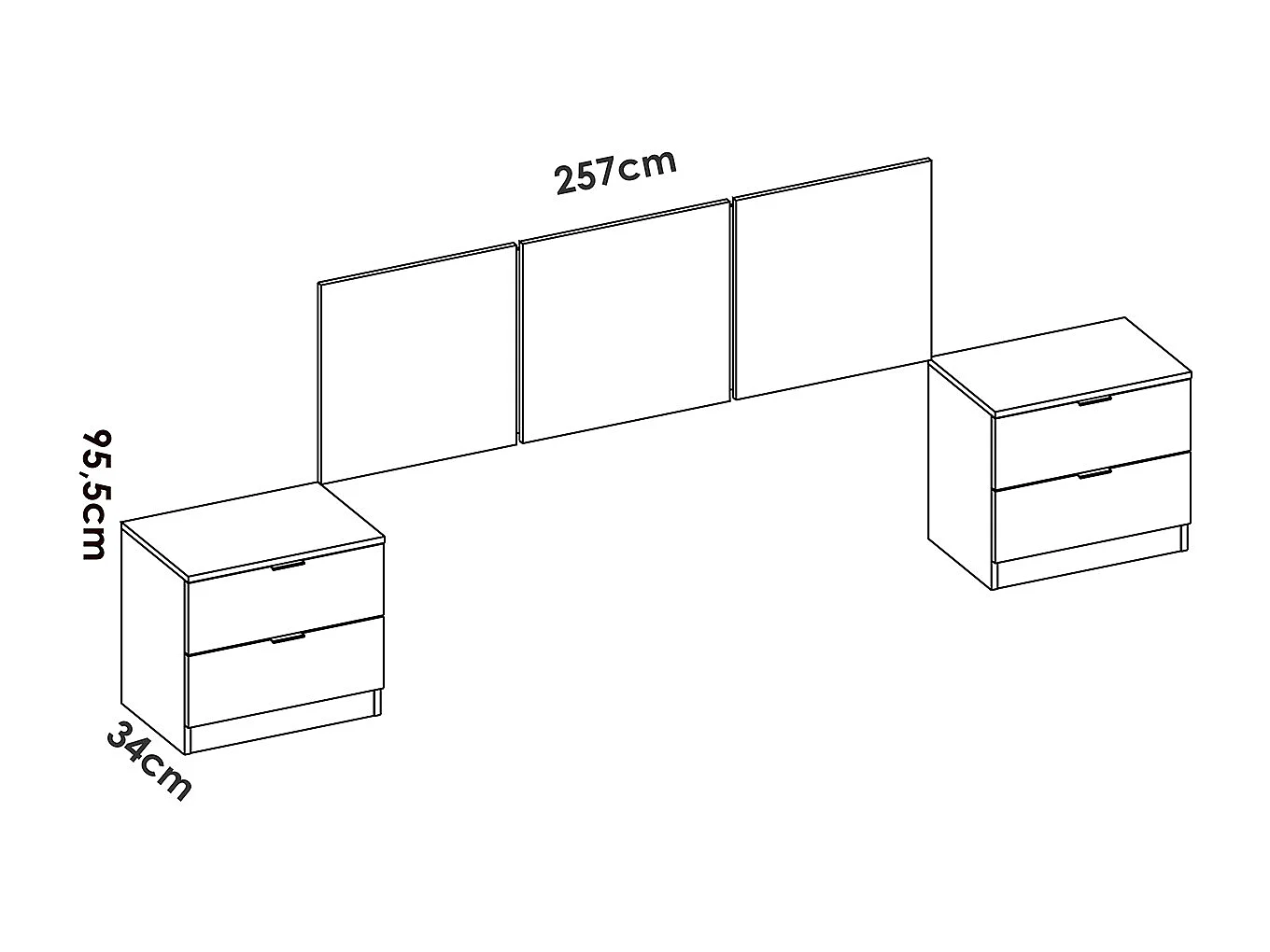 Ensemble de tête de lit + lot de 2 tables de chevet avec 2 tiroirs coloris blanc -  longueur 256 x profondeur 34 x hauteur 96 cm