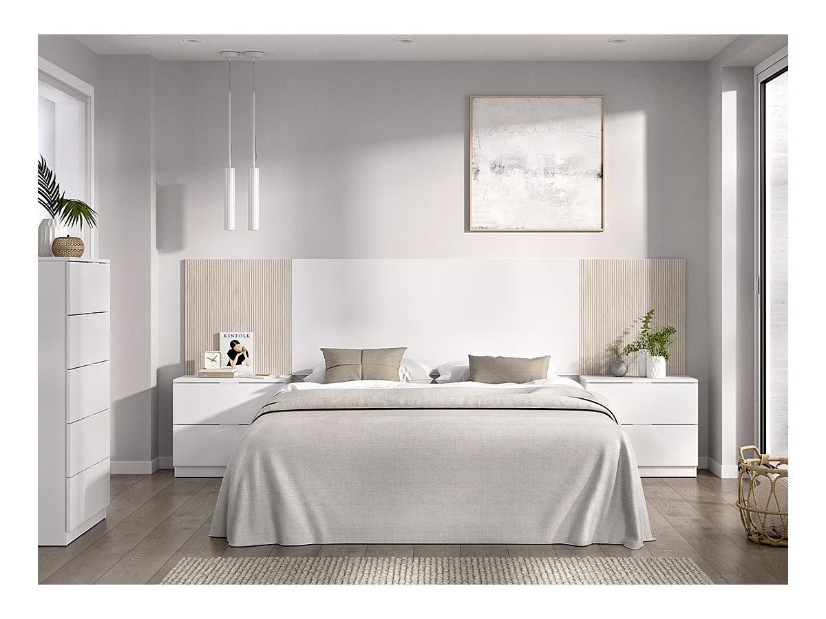 Ensemble de Tête de lit avec 2 tables de chevet de 2 tiroirs et commode haute avec 5 tiroirs coloris imitation lamelles, blanc