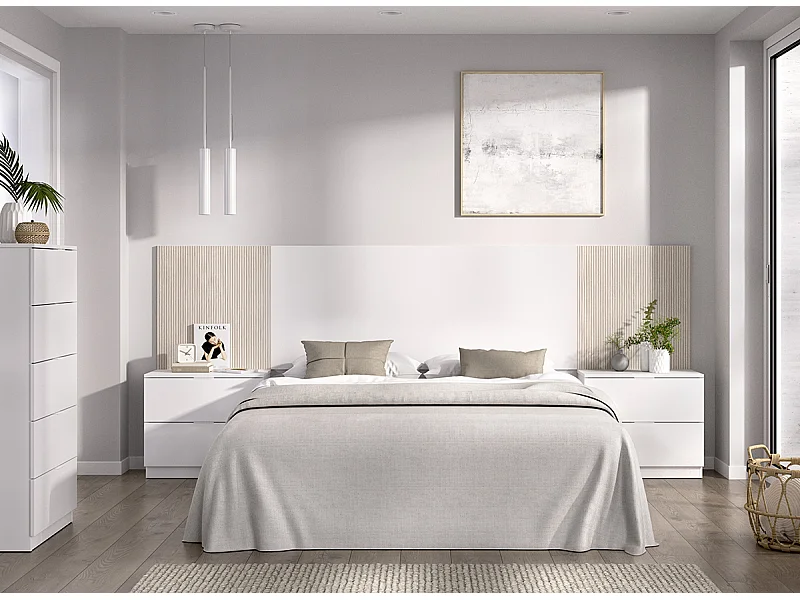 Ensemble de Tête de lit avec 2 tables de chevet de 2 tiroirs et commode haute avec 5 tiroirs coloris imitation lamelles, blanc