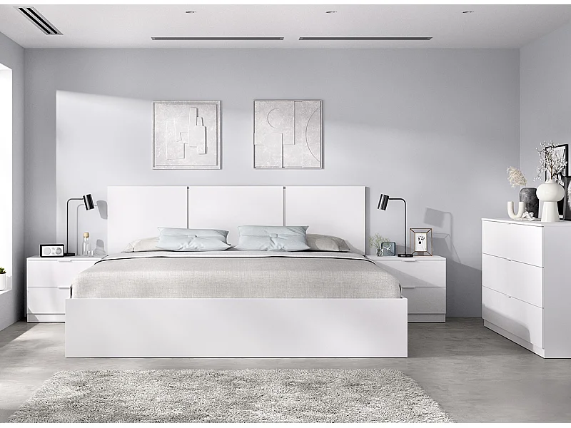 Ensemble de tête de lit + lot de 2 tables de chevet avec 2 tiroirs + structure de lit + commode coloris blanc