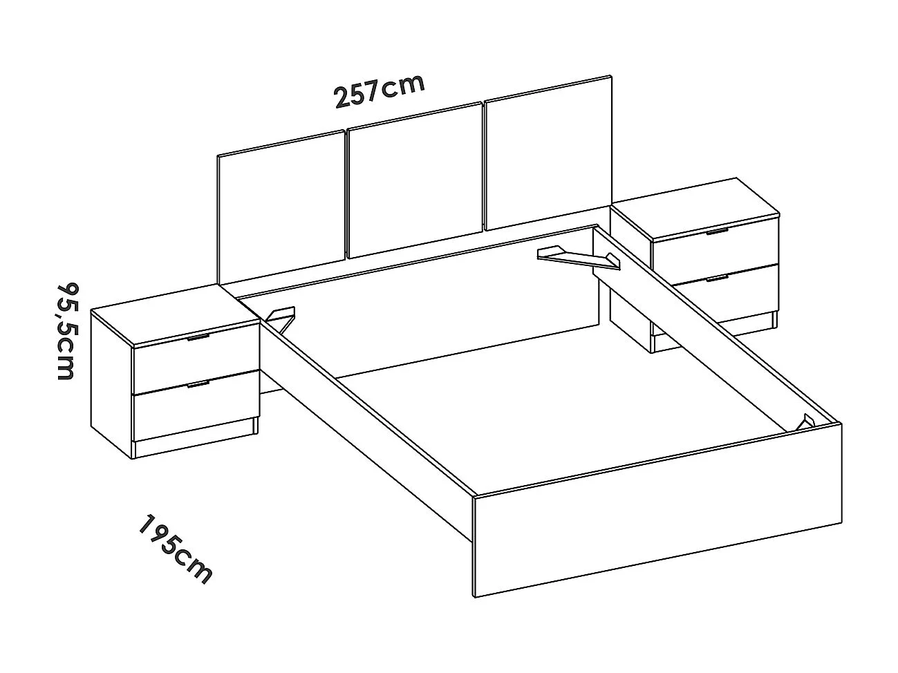 Ensemble de tête de lit + lot de 2 tables de chevet avec 2 tiroirs + structure de lit + commode coloris blanc