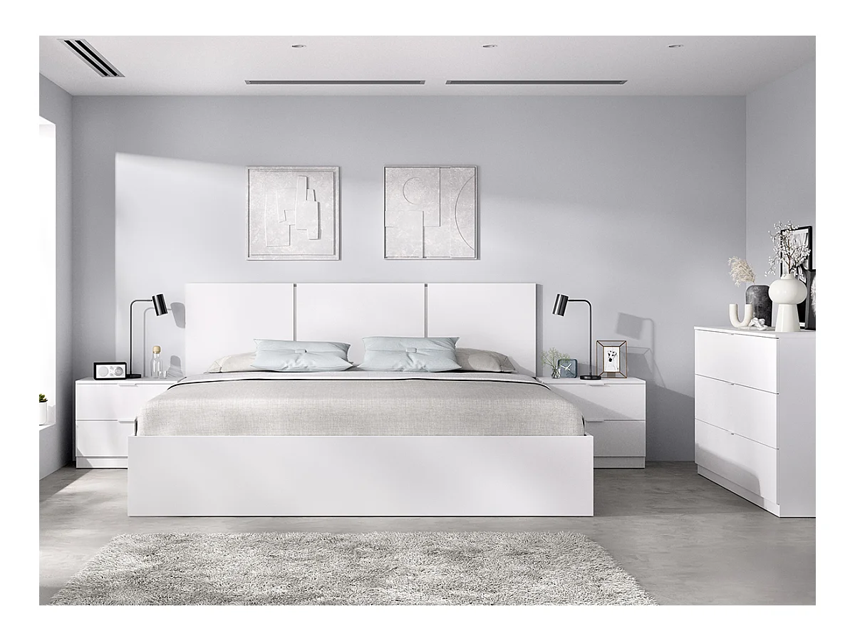 Ensemble de tête de lit + lot de 2 tables de chevet avec 2 tiroirs + structure de lit + commode coloris blanc