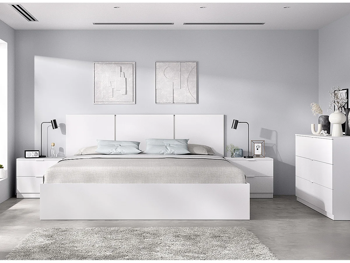 Ensemble de tête de lit + lot de 2 tables de chevet avec 2 tiroirs + structure de lit + commode coloris blanc