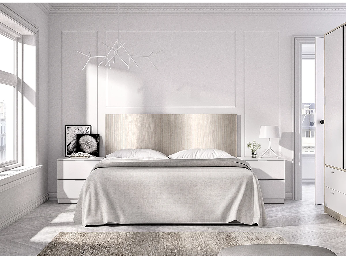 Tête de lit avec 2 tables de chevet et armoire de 2 portes coulissantes et 4 tiroirs coloris imitation lamelles, blanc