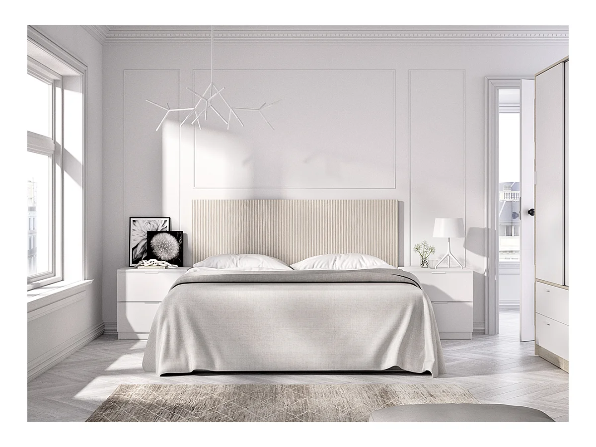Tête de lit avec 2 tables de chevet et armoire de 2 portes coulissantes et 4 tiroirs coloris imitation lamelles, blanc