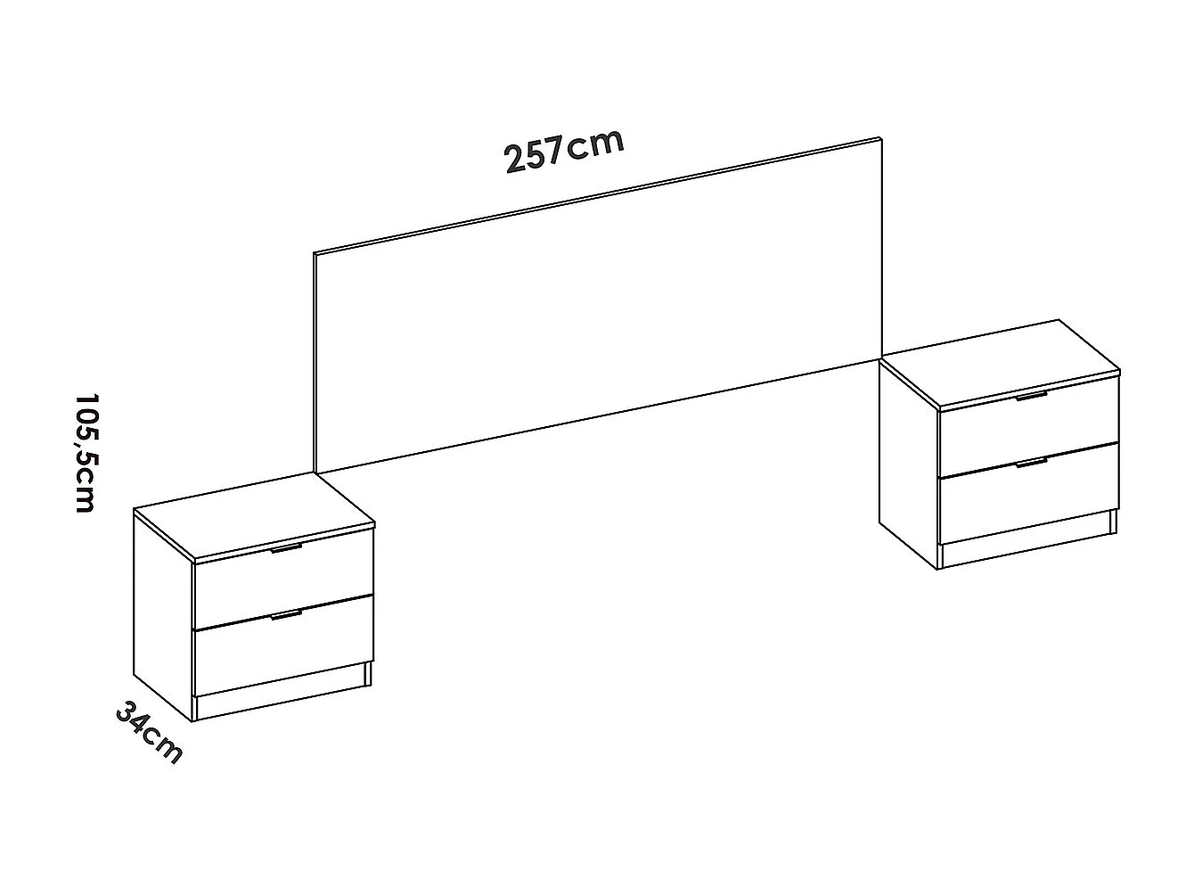 Tête de lit avec 2 tables de chevet et armoire de 2 portes coulissantes et 4 tiroirs coloris imitation lamelles, blanc