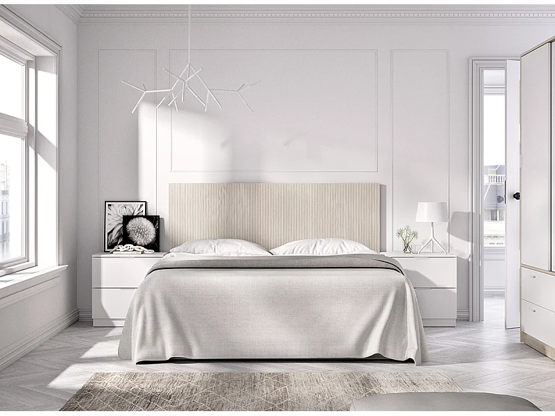 Tête de lit avec 2 tables de chevet et armoire de 2 portes coulissantes et 4 tiroirs coloris imitation lamelles, blanc