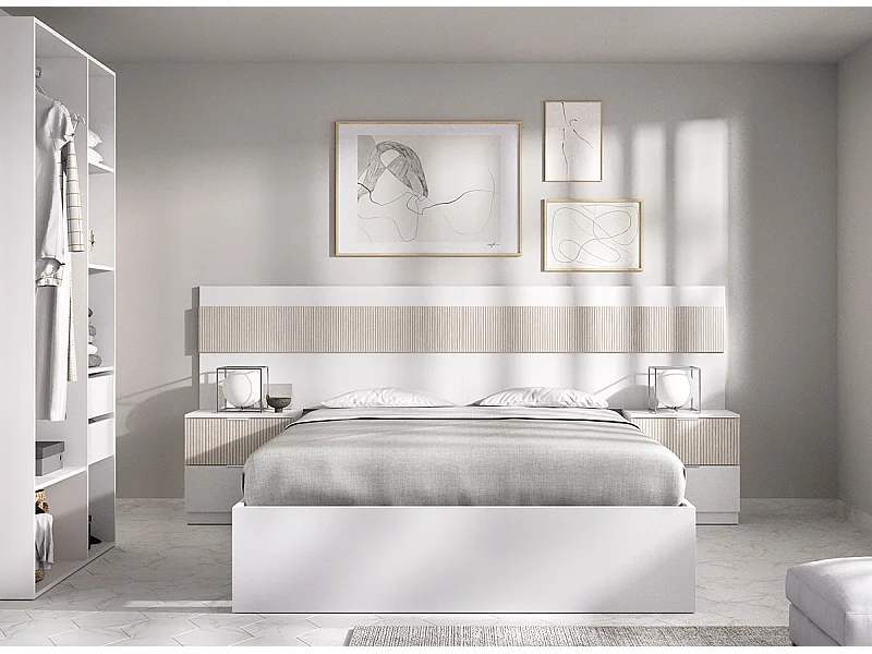 Tête de lit + 2 tables de nuit avec 2 tiroirs + structure de lit  140X190 + armoire coloris imitation lamelles , blanc