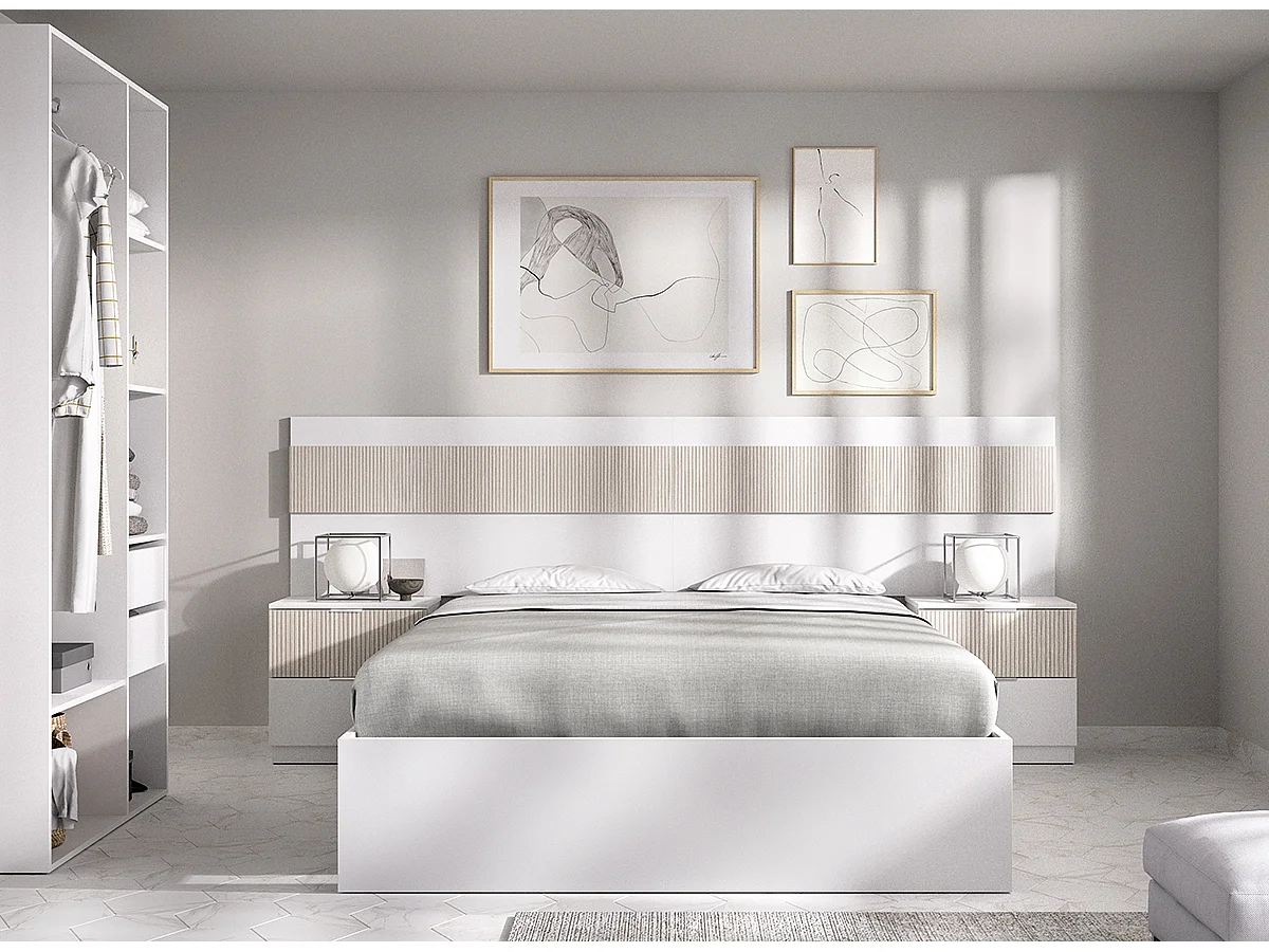 Tête de lit + 2 tables de nuit avec 2 tiroirs + structure de lit  140X190 + armoire coloris imitation lamelles , blanc
