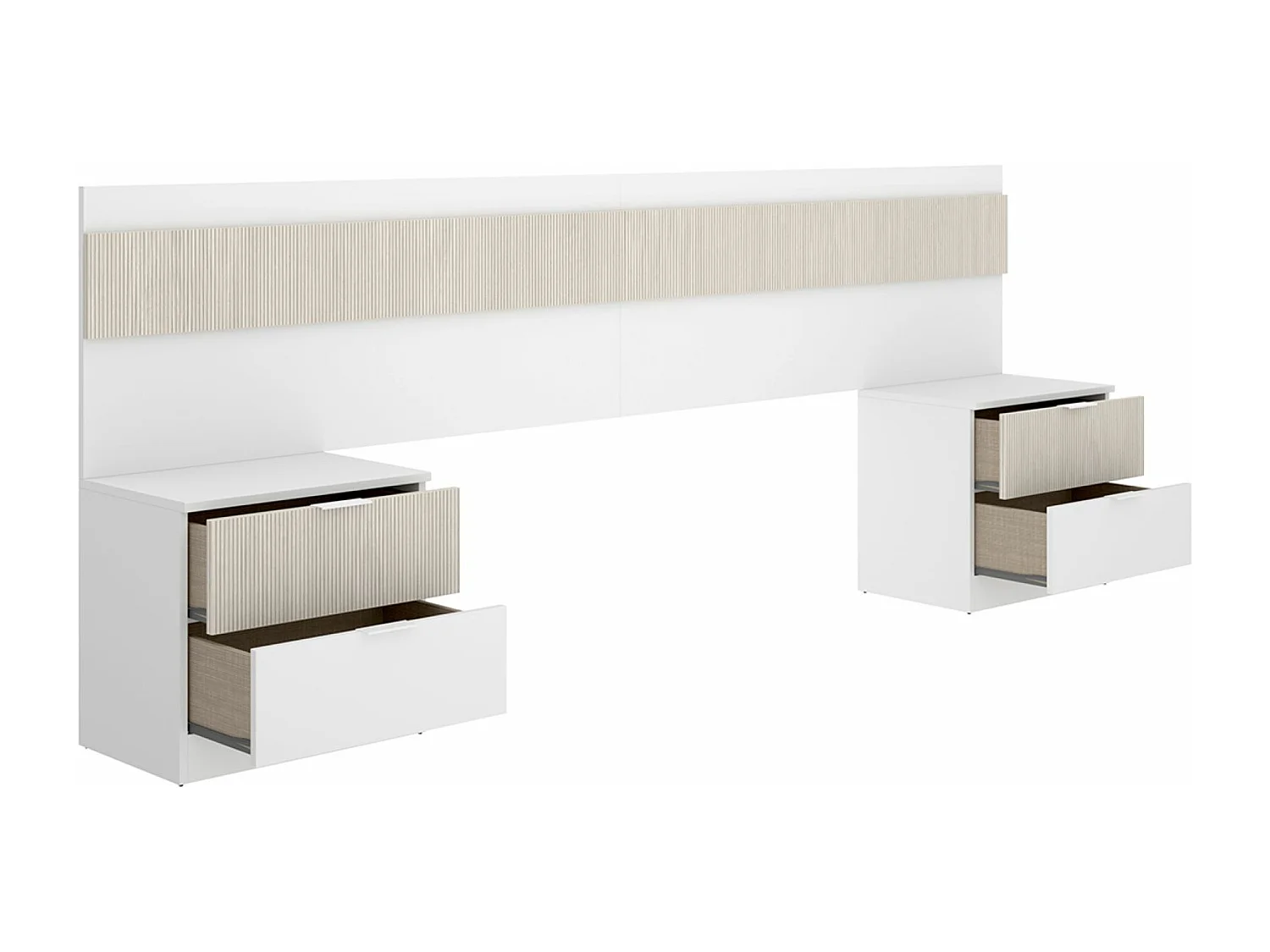 Tête de lit + 2 tables de nuits avec 2 tiroirs coloris imitation lamelles, blanc - longueur 248 x profondeur 34 x hauteur 96 cm