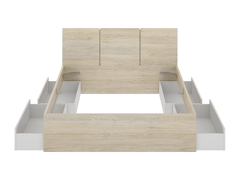 Tête de lit avec  structure de lit 140X190cm + 4 tiroirs coloris blanc, chêne naturel  - longueur 146 x profondeur 195 x hauteur 96 cm