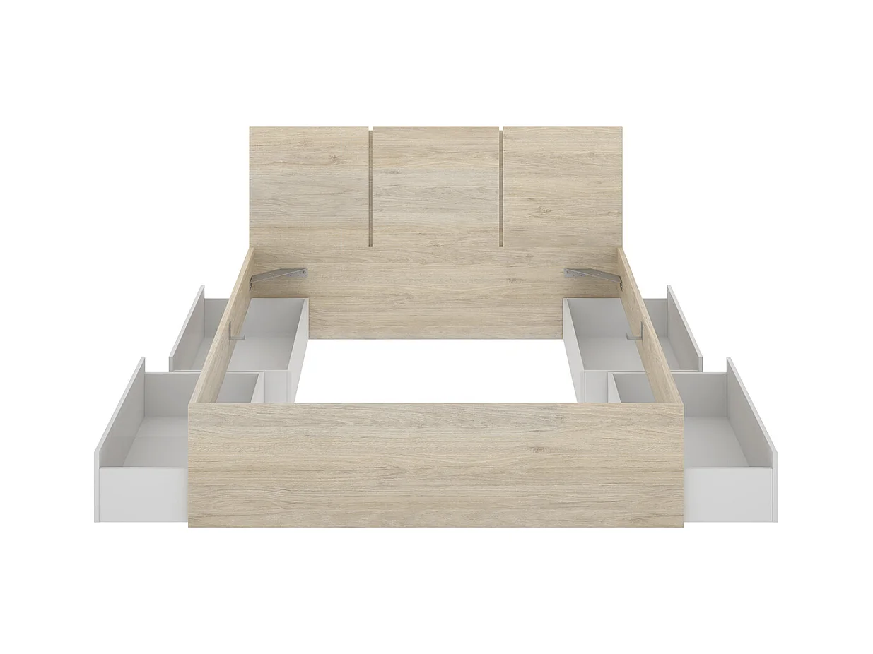 Tête de lit avec  structure de lit 140X190cm + 4 tiroirs coloris blanc, chêne naturel  - longueur 146 x profondeur 195 x hauteur 96 cm