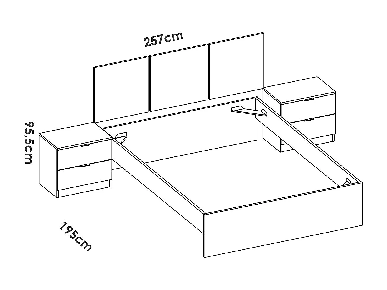 Ensemble de tête de lit + lot de 2 tables de chevet avec 2 tiroirs + structure de lit 140 x 190 cm coloris blanc