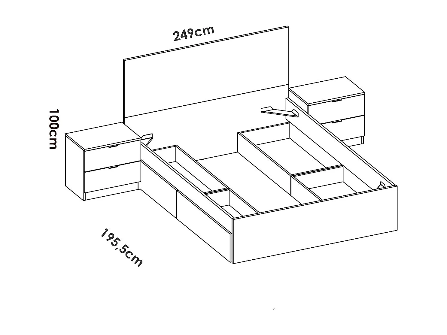 Ensemble de tête de lit 140X190 cm avec 4 tiroirs + 2 tables de chevet coloris blanc - Longueur 246 x Profondeur 195 x Hauteur 100 cm