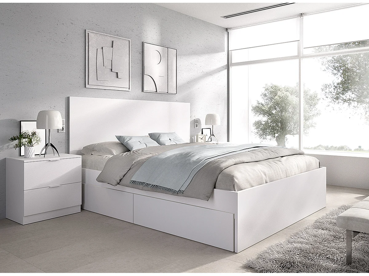 Ensemble de tête de lit 140X190 cm avec 4 tiroirs + 2 tables de chevet coloris blanc - Longueur 246 x Profondeur 195 x Hauteur 100 cm