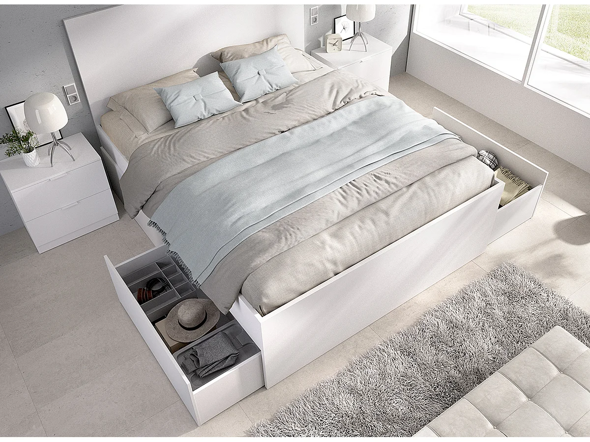 Ensemble de tête de lit 140X190 cm avec 4 tiroirs + 2 tables de chevet coloris blanc - Longueur 246 x Profondeur 195 x Hauteur 100 cm