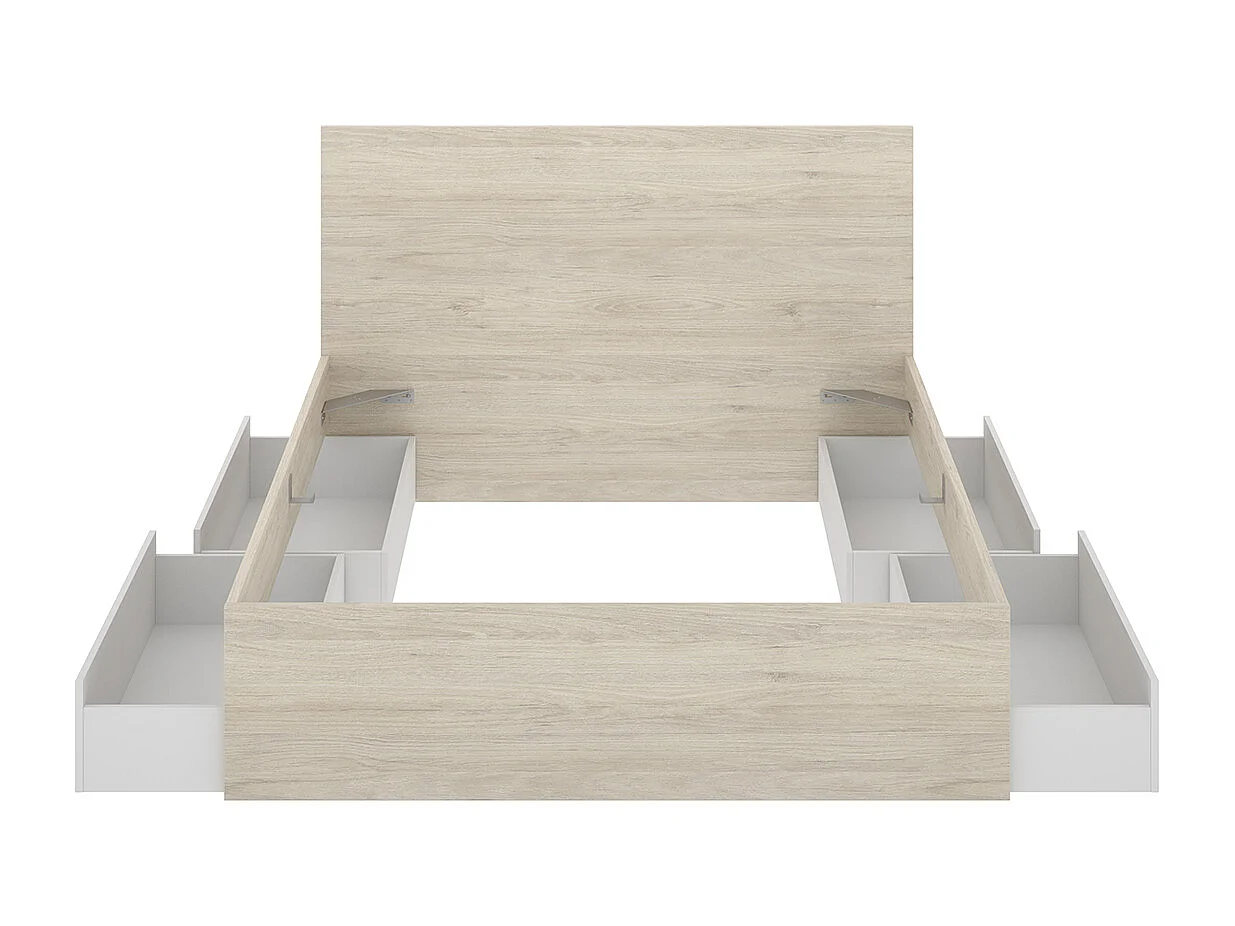 Ensemble de tête de lit avec 4 tiroirs + 2 tables de chevet coloris chêne naturel, blanc  - Longueur 246 x Profondeur 195 x Hauteur 100 cm