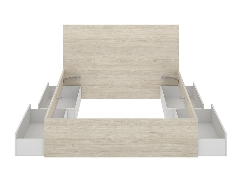 Ensemble de tête de lit avec 4 tiroirs + 2 tables de chevet coloris chêne naturel, blanc  - Longueur 246 x Profondeur 195 x Hauteur 100 cm