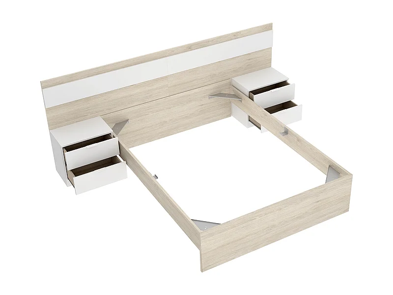 Tête de lit avec 2 tables de chevet , Structure de lit 140x190 cm coloris chêne naturel, blanc  - longueur 248 x profondeur 195 x hauteur 96 cm