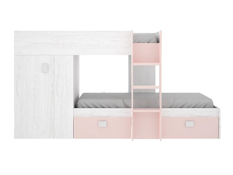 Lit enfant superposé avec armoire et 2 tiroirs coloris Blanc, rose - Longueur 271 x Profondeur 111 x Hauteur 150 cm