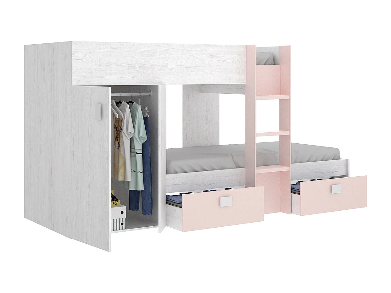 Lit enfant superposé avec armoire et 2 tiroirs coloris Blanc, rose - Longueur 271 x Profondeur 111 x Hauteur 150 cm
